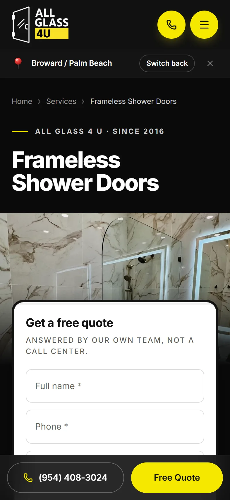 All Glass 4 U service page on a phone